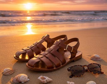 Handmade Leather Gladiator Sandals for Men, Brown Roman Sandals, Minimalist Summer Beach Shoes, Greek Style Vacation Sandals