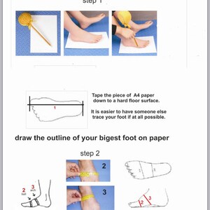 Puede incluir: Un diagrama que muestra c&oacute;mo medir el pie para el tama&ntilde;o del zapato. Paso 1: Pega una hoja de papel A4 al suelo y traza tu pie. Paso 2: Mide la longitud de tu pie, el ancho de tu pie y el arco de tu pie.