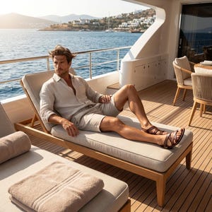 May include: A person wearing a light beige linen shirt and shorts, relaxing on a yacht. The person is wearing brown leather sandals. The yacht has a wooden deck and is near the water.