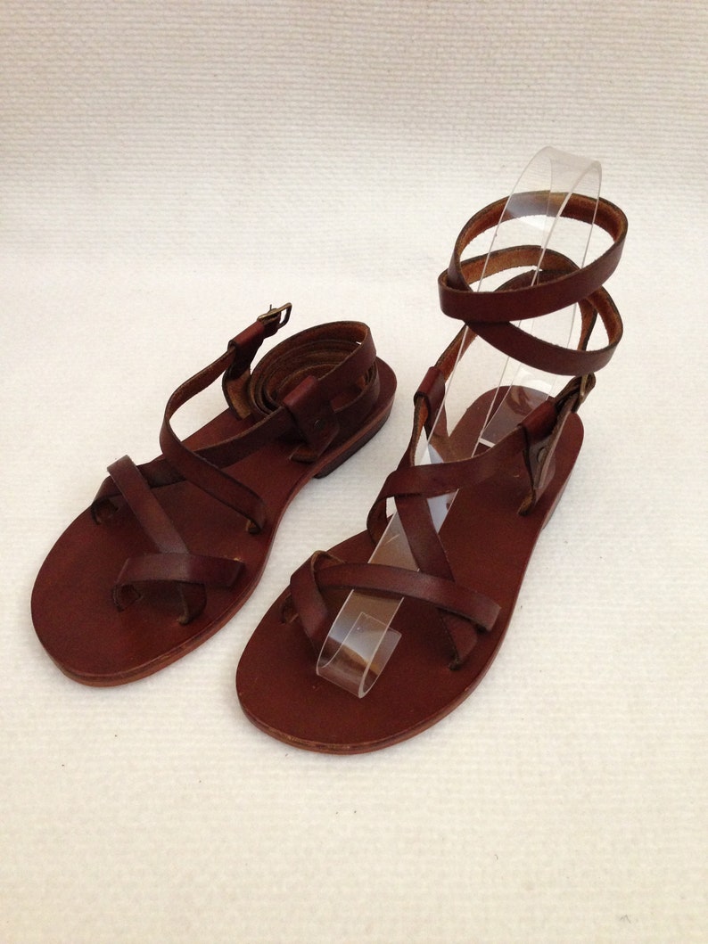Brown Leather Sandals Toe Bar Leather Leg Strap Gladiator - Etsy
