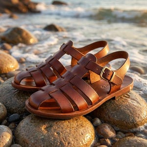 May include: A pair of brown leather sandals with a cage-like design, featuring multiple straps and a buckle closure. The sandals are displayed on a rocky surface near the water, with the ocean in the background.