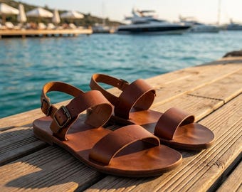 Handmade Men Leather Sandals Minimalist Brown Sandals Greek Roman Summer Beach Shoes Rustic Vacation Sandals Gift for Him