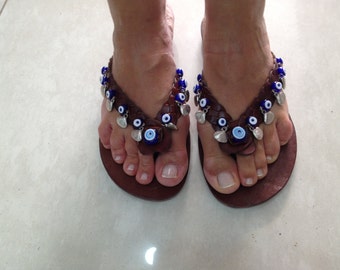 Handmade Beaded Leather Flip Flops: Woven Mussels, Custom Size