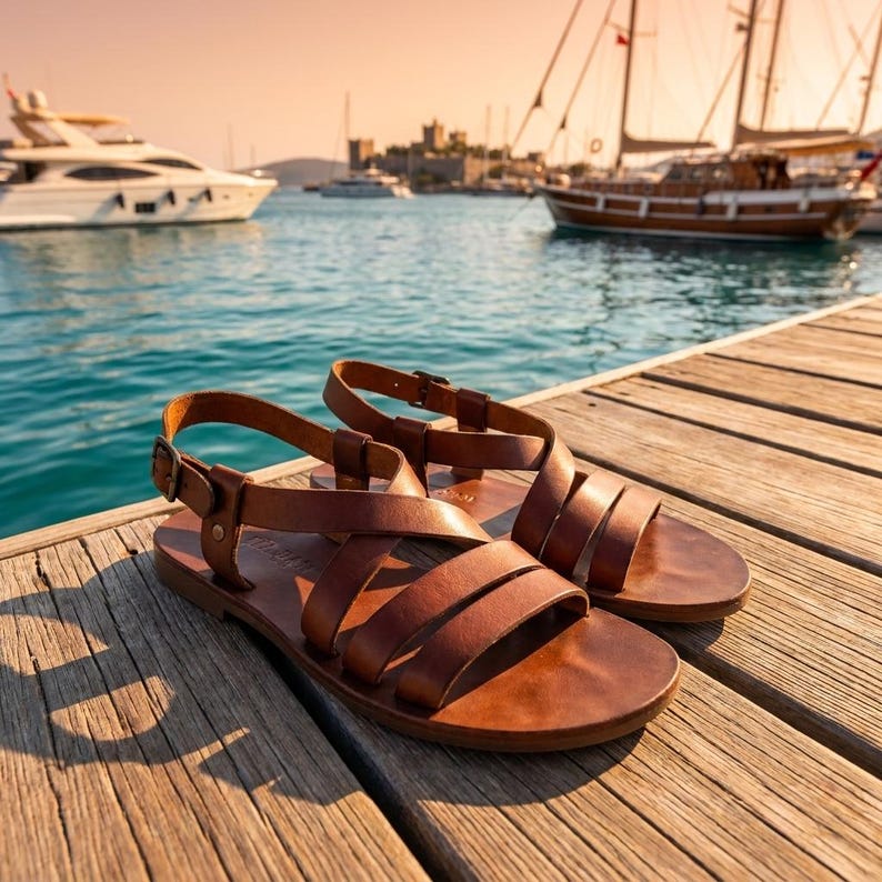 May include: Brown leather sandals with multiple straps and buckle closures. The sandals are displayed on a wooden dock with a scenic background of boats and a castle on the water.
