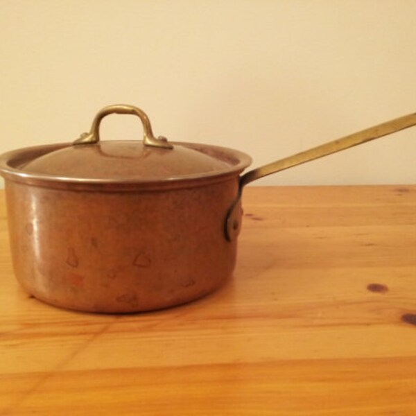 Copper Sautee Sauce Pan Made in Portugal Brass Handles Gourmet Culinary Fry Pot with Lid One Quart