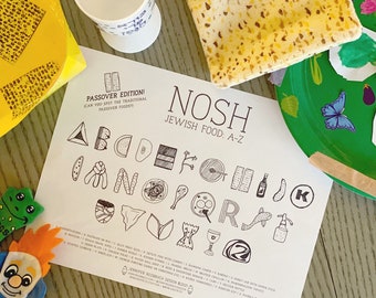 NOSH: Jewish Food Alphabet - Kid's Coloring Placemat - Passover Edition (DIGITAL DOWNLOAD)