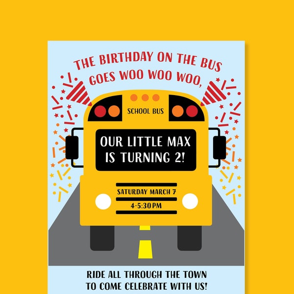 School Bus Themed Birthday Invitation ("Wheels on the Bus" Party) - Digital Download