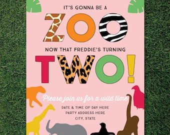 Girls Zoo Themed 2nd Birthday Invitation (Animals / Safari / Jungle Theme)