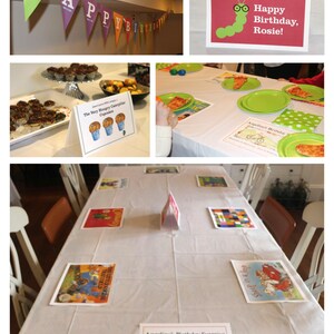 May include: A table setting for a birthday party with a white tablecloth and colorful decorations. The table is set with plates, cups, and napkins. There are also several books on the table, including "The Very Hungry Caterpillar" and "Angelina's Birthday Surprise".