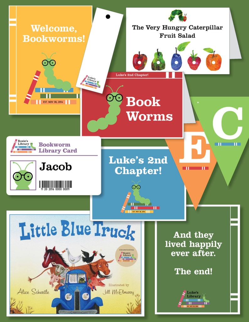 May include: A colorful illustration of a bookworm with glasses, a bookworm library card, and a bookworm-themed birthday party invitation. The invitation features a green caterpillar with glasses and the text "Luke's 2nd Chapter! Book Worms".