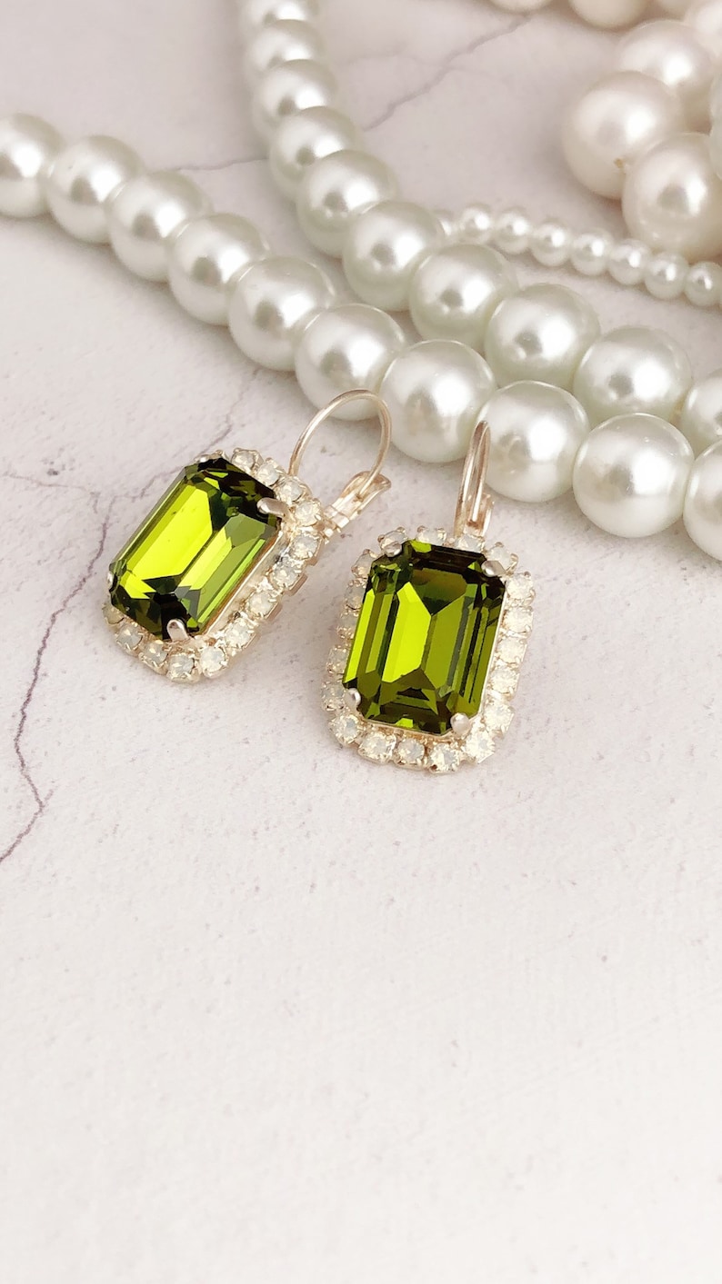 Olive birthday party. RARE Olivine octagon drop earrings bridesmaid