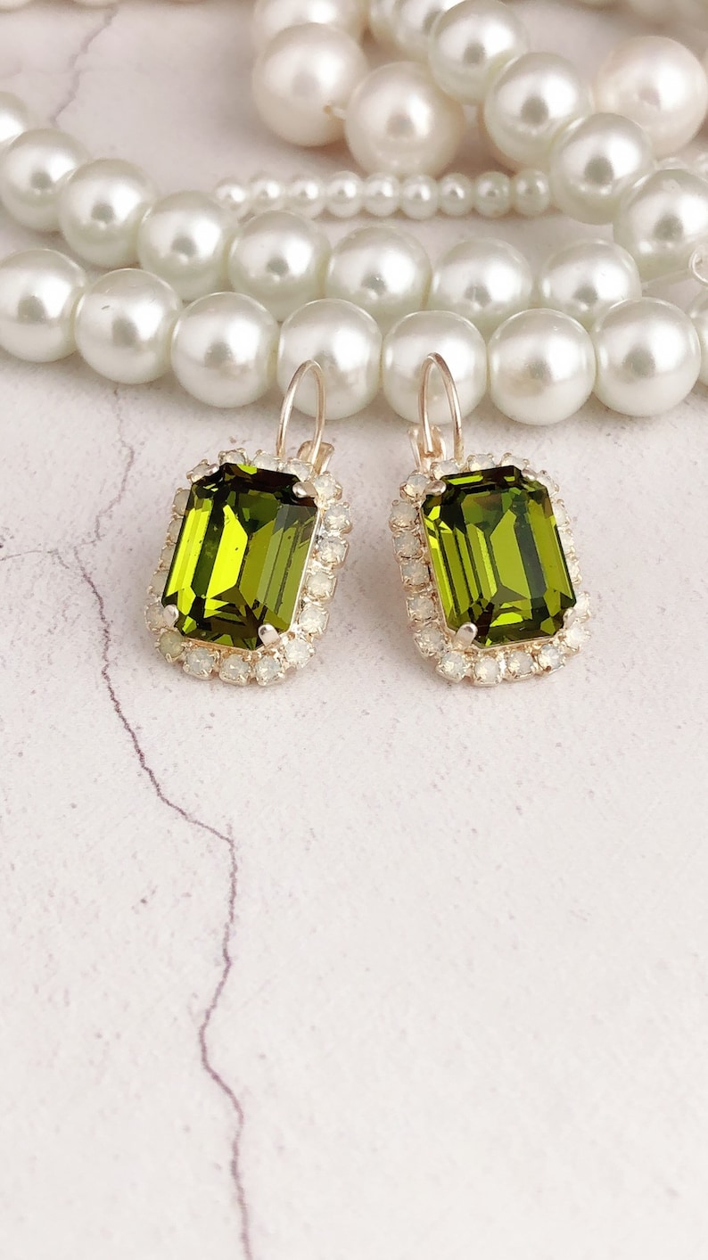 Olive birthday party. RARE Olivine octagon drop earrings bridesmaid