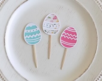 24 Pink Floral Easter Egg Cupcake Toppers