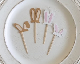 30 White Glitter Bunny Ear Cupcake Toppers