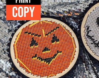 PRINT COPY - Halloween Modern Tent Stitching Pattern "Jolly Jack-O-Lantern & Smiling Skull Ornaments Set"