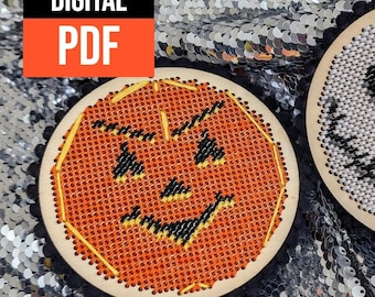 Halloween Modern Tent Stitching Pattern "Jolly Jack-O-Lantern & Smiling Skull Ornaments Set" PDF