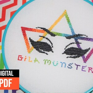 May include: A rainbow-colored triangle with black eyes and eyelashes, and the text "GILA MUMSTER" in rainbow colors, stitched on white fabric in a circular embroidery hoop.