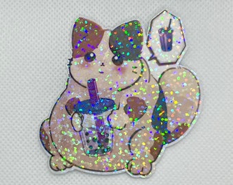 Boba Tea Kitty Holographic Die Cut Sticker, Water Resistant Vinyl Stickers, gift, laptop decal, boba, cat, planner, journal, bubble tea, yum