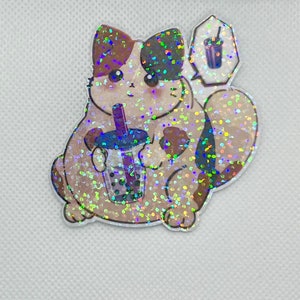 Boba Tea Kitty holografische sterven gesneden sticker, waterbestendige vinylstickers, cadeau, laptop sticker, boba, kat, planner, dagboek, bubble tea, yum