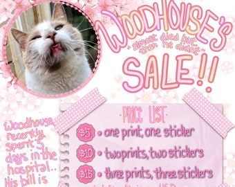 Woodhouse's "almost died but then he didn't" Fundraiser/Sale! Kawaii cute cat mini prints, cat stickers, holographic, ghibli, anime, pinback