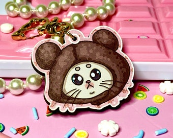 Ecofriendly Cherrywood wooden kawaii Chubby Cat keychains - bear, kitty, heart, cute!