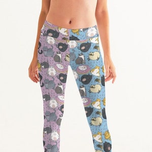 Women&#39;s Yoga Pants, Leggings All Over Chubby Cats - Pink and Blue