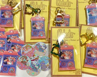 Gachapon Kitty Acrylic Keychain & Sticker Set