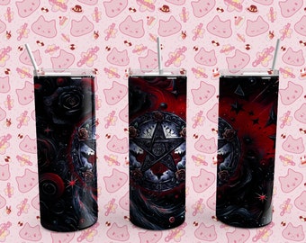 Red Black Pentagram Rose And Stars Drink Tumbler, 20 oz, Pink, Wicca, Stars, Roses, skinny tumbler