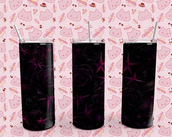 Pink Purple Black Rose And Stars Drink Tumbler, 20 oz, Stars, Roses, skinny tumbler