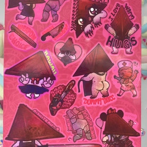 Silent Hill Pyramid Head & Friends Kawaii Sticker Sheet - imperméable à l’eau vinyle pyramide chose rouge bobble chef infirmière mannequin planner journaling