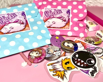 Mystery Bags - Various Anime & Games - containing pinback buttons, pins, charms keychains, stickers and more!!
