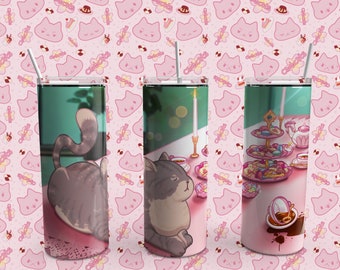 Cat Spilled Tea Drink Tumbler, 20 oz, skinny tumbler, kawaii neko