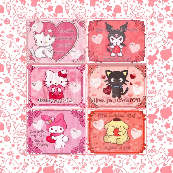 Set of 6 4x3" Kitty Hello Valentine's Day Valentines Card | Hearts Cats gift kid | Kawaii Valentine mini vday cards kid notes | Pompom funny