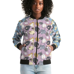 Women&#39;s Bomber Jacket All Over Chubby Cats - Pink and Blue
