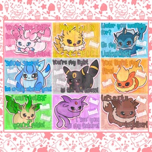 Eeveelutions Saint-Valentin - Lot de 9 2,75 x 3,5 pouces - Cartes et articles de papeterie, cadeaux eeve kid kawaii