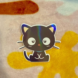 Autocollant découpé avec des matrices de chat chocolat kawaii, holographique, autocollants en vinyle imperméables et résistants aux UV, chat chocolat, minou, amis, chat de l'aventure