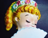 Vintage 60s Home Decor Porcelain Vase Wall Hanging Blonde Flowers Pony Tail Fan Home Decor