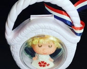 1981 Rare Vintage Doll in Bank France Yellow Hair White Dress wtih Flowers Miniature Doll House Toy