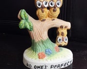Vintage 70s Home Decor Porcelain figurine 3 Owls No One's Perfect cute