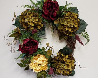 Fall Hydrangea and Peony Wreath, Grapevine Wreath for Front Door, Green Hydrangea Wreath,  Burgundy Peonies Wreath,  Fall Wreath