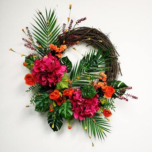 Beautiful Tropical Summer Wreath, Pink Hydrangea Wreath, Floral Summer Wreath, Hawaiin Wreath, Coastal Wreath
