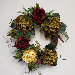 Fall Hydrangea & Burgundy Peony Wreath: Grapevine Front Door Decor