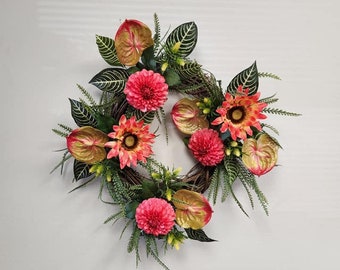 Coral Daisy Summer Wreath: Peach Floral Front Door Decor