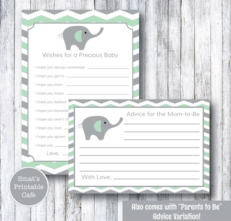 Printable Baby Shower Advice Cards Printable Baby Shower Games Mint Green Grey Mint Gray Chevron Elephant Baby Shower Wishes Cards Party Supplies Paper Party Supplies