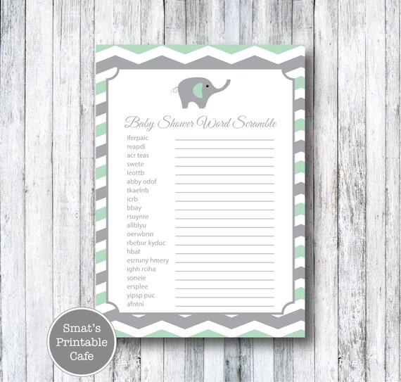 Mint Green /& Grey Chevron Elephant Baby Shower Games Pack 8 Printable Games