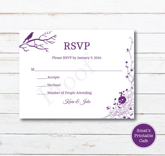 halloween wedding rsvp cards template diy printable gothic skull theme editable edit in microsoft word format purple rsvp cards template