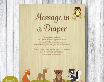 Woodland Animal Baby Shower Diaper Message Game - PRINTABLE Forest Theme - Gender Neutral - Instant Download - Baby Shower Games - Fox Deer