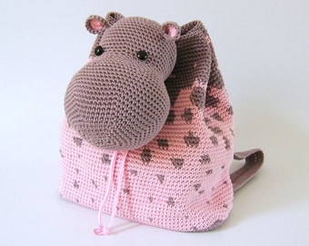 Crochet pattern for hippo backpack. Cute and practical accessory for kids. Charts with symbols, written instructions, photo tutorial.