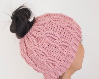 Crochet pattern for Treccia Messy Bun Hat, crochet messy bun, crochet beanie, crochet hat, crochet cables, beanie tutorial, hat pattern