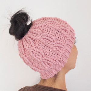 Crochet pattern for Treccia Messy Bun Hat, crochet messy bun, crochet beanie, crochet hat, crochet cables, beanie tutorial, hat pattern